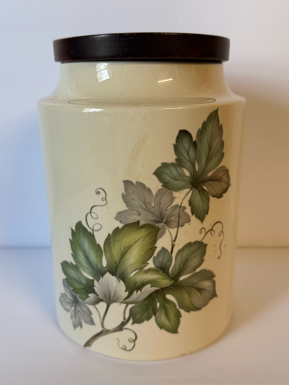 Hyalyn Cream Ceramic Canister (925) with Green Leaf Motif, Great Condition